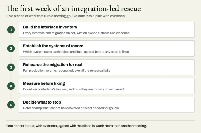 Diagram of the first week of an integration-led rescue: build the interface inventory, establish systems of record, rehearse the migration at full volume, measure interface failures before fixing, and decide what to stop.